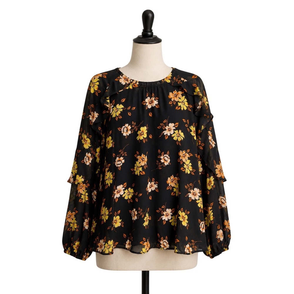 Primark Womens Black‎ Floral Ruffle Long Sleeve Blouse Yellow Orange Size 12